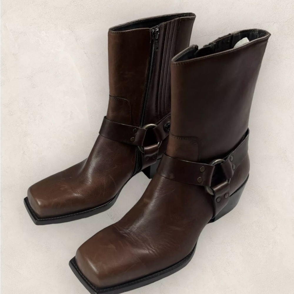 Dsquared2 Square Toe Motortcycle Moto Western Brown Boots 42